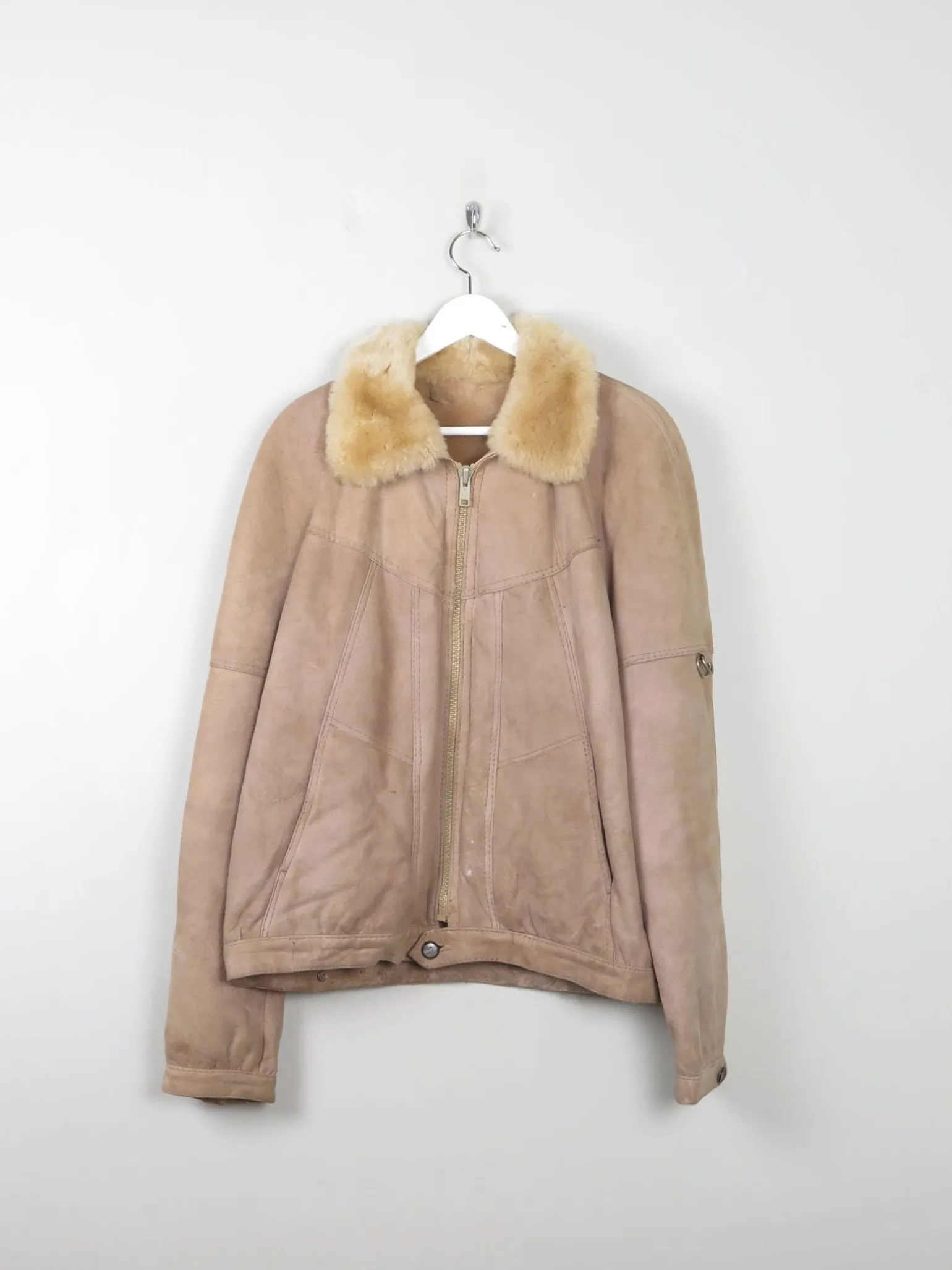 Men's Beige Vintage Sheepskin Zip Jacket M