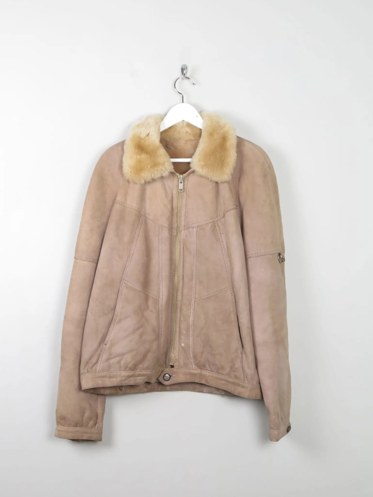 Men's Beige Vintage Sheepskin Zip Jacket M