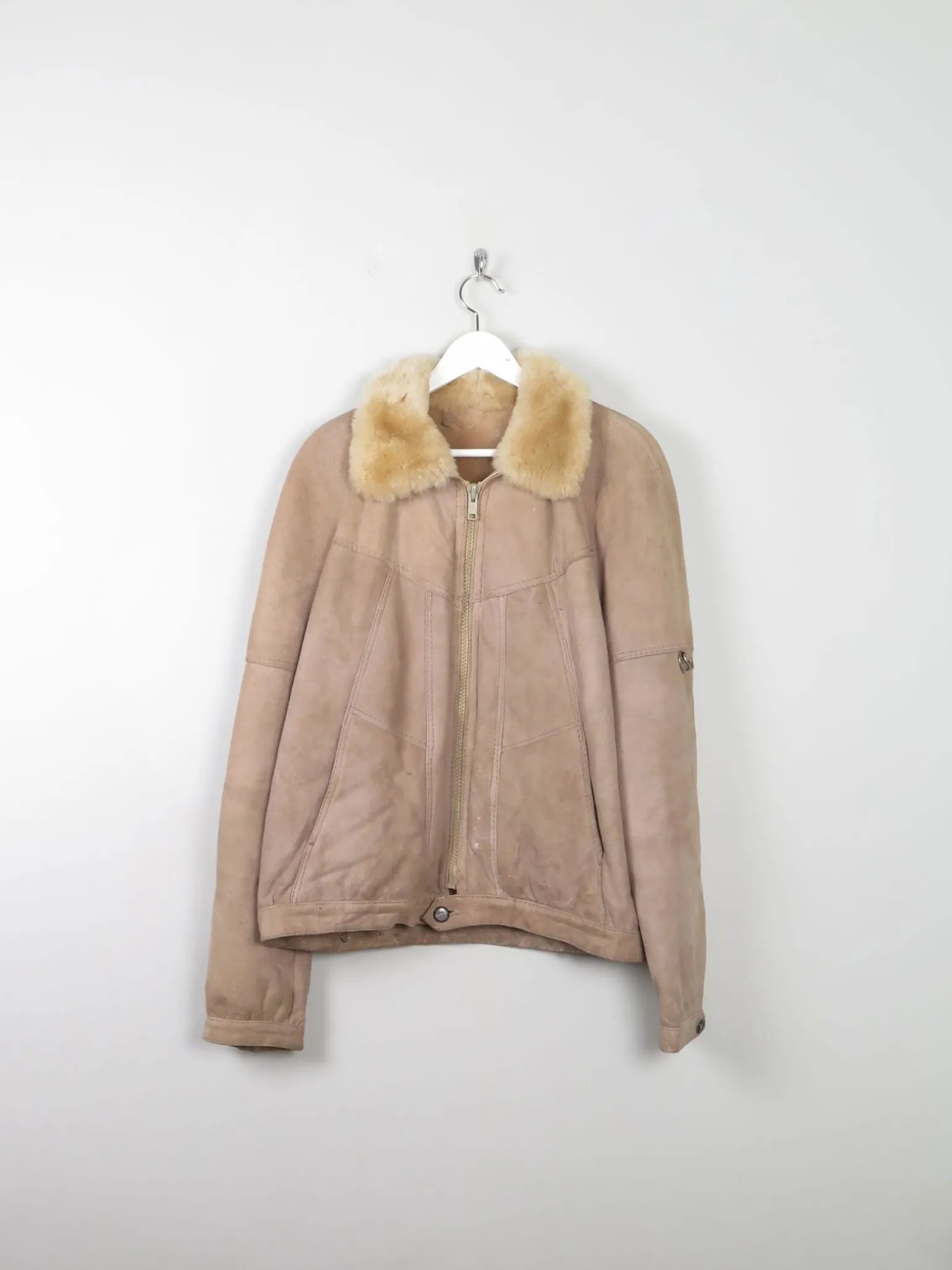 Men's Beige Vintage Sheepskin Zip Jacket M