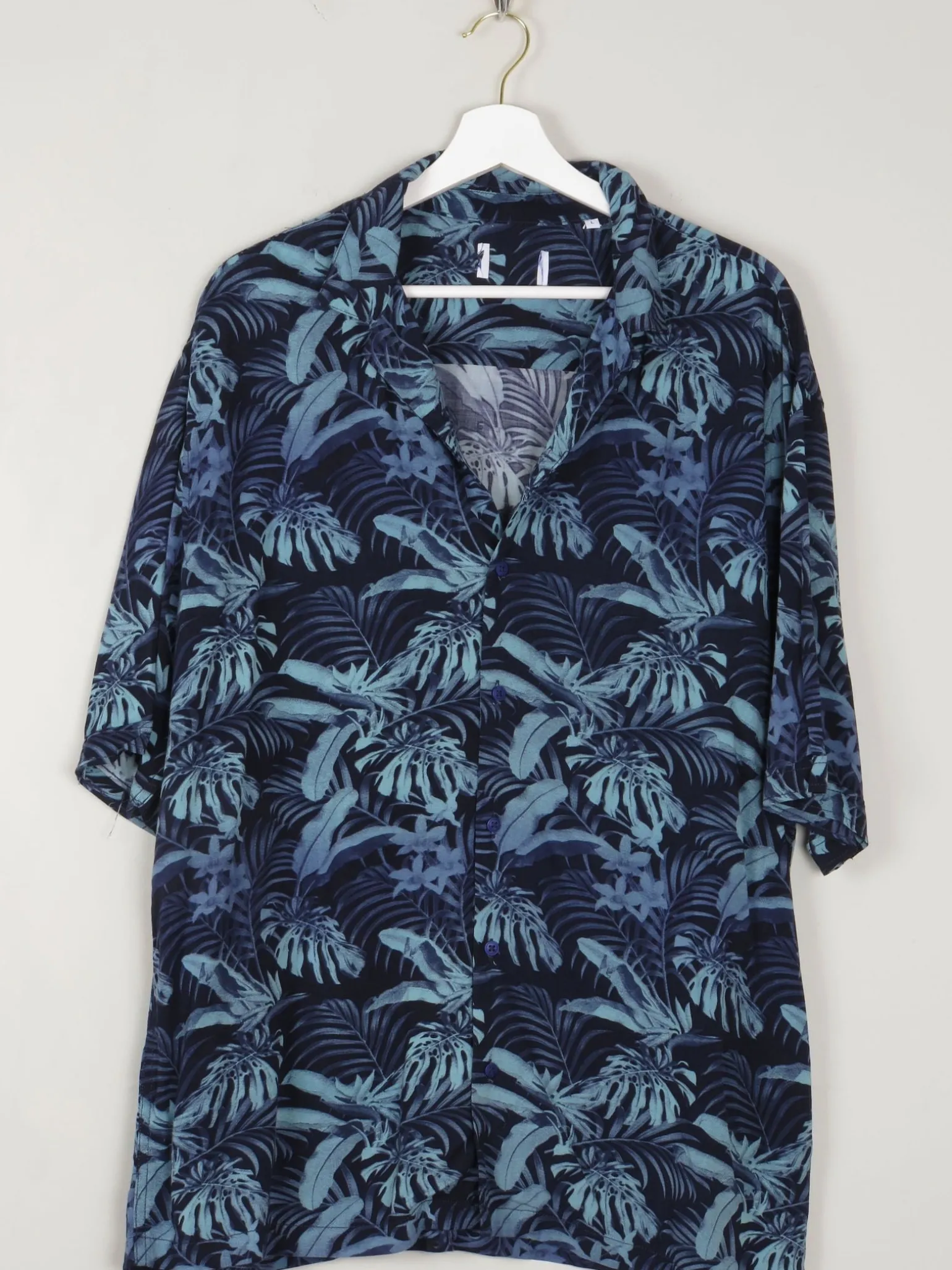 Men's Blue Printed Vintage Hawaiian Shirt L New