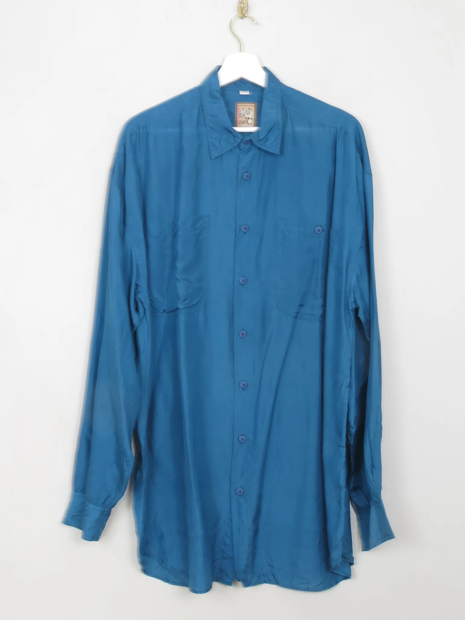 Men's Blue Silk Shirt M/L Oversized