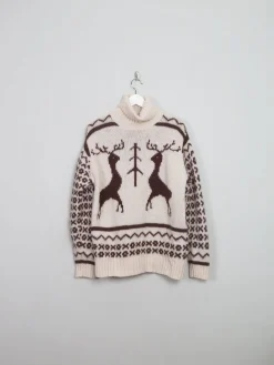 Men's Cream Vintage Polo Neck Deer Jumper M