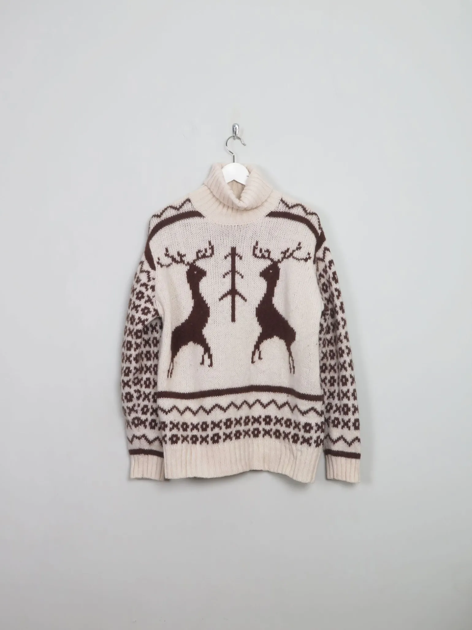 Men's Cream Vintage Polo Neck Deer Jumper M