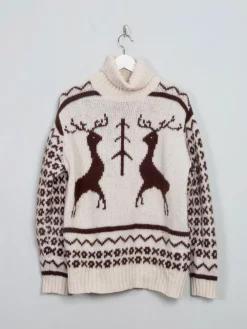 Men's Cream Vintage Polo Neck Deer Jumper M