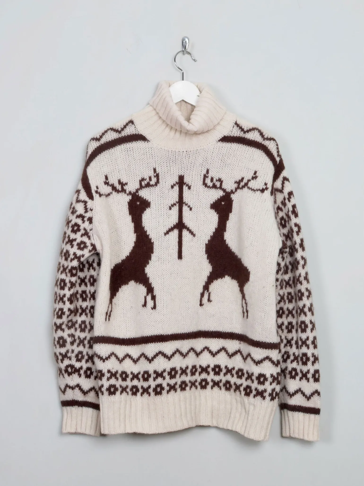 Men's Cream Vintage Polo Neck Deer Jumper M