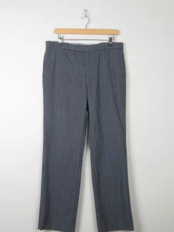 Men's Grey/Blue Striped Wool 1970s Trousers 34"W 32L"