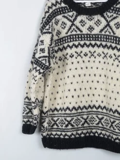 Men's Handmade Vintage Cream Jumper With Black Pattern XL