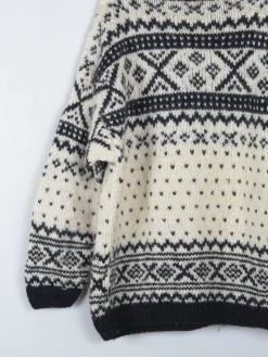 Men's Handmade Vintage Cream Jumper With Black Pattern XL