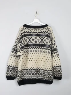 Men's Handmade Vintage Cream Jumper With Black Pattern XL