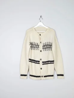Men's 1970s Cream Hand-Knit Vintage Cardigan M/L