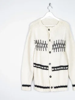 Men's 1970s Cream Hand-Knit Vintage Cardigan M/L
