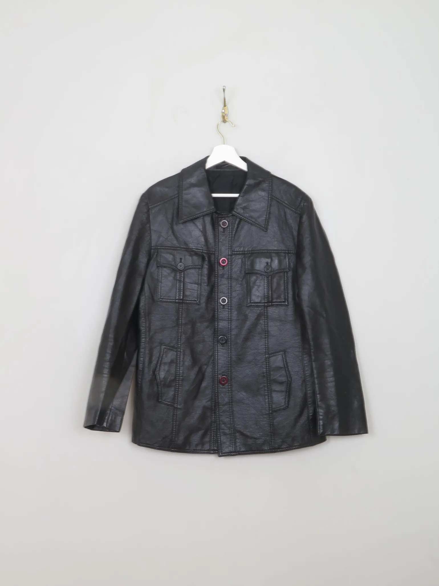 Men's Vintage Black Leatherette PVC 70s Jacket S