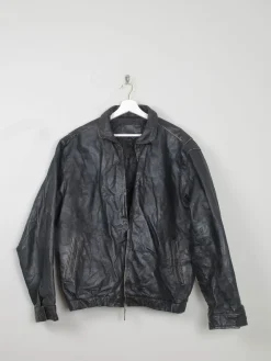 Men's Vintage Black Leather Bomber Jacket Distressed M/L