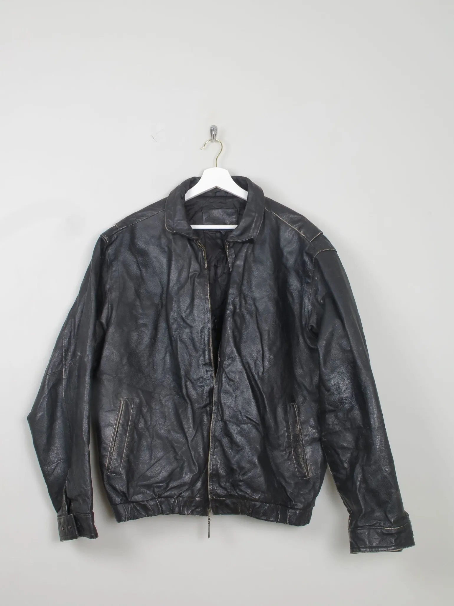 Men's Vintage Black Leather Bomber Jacket Distressed M/L