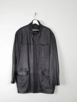 Men’s Vintage Black Leather Parka Style Long Jacket L