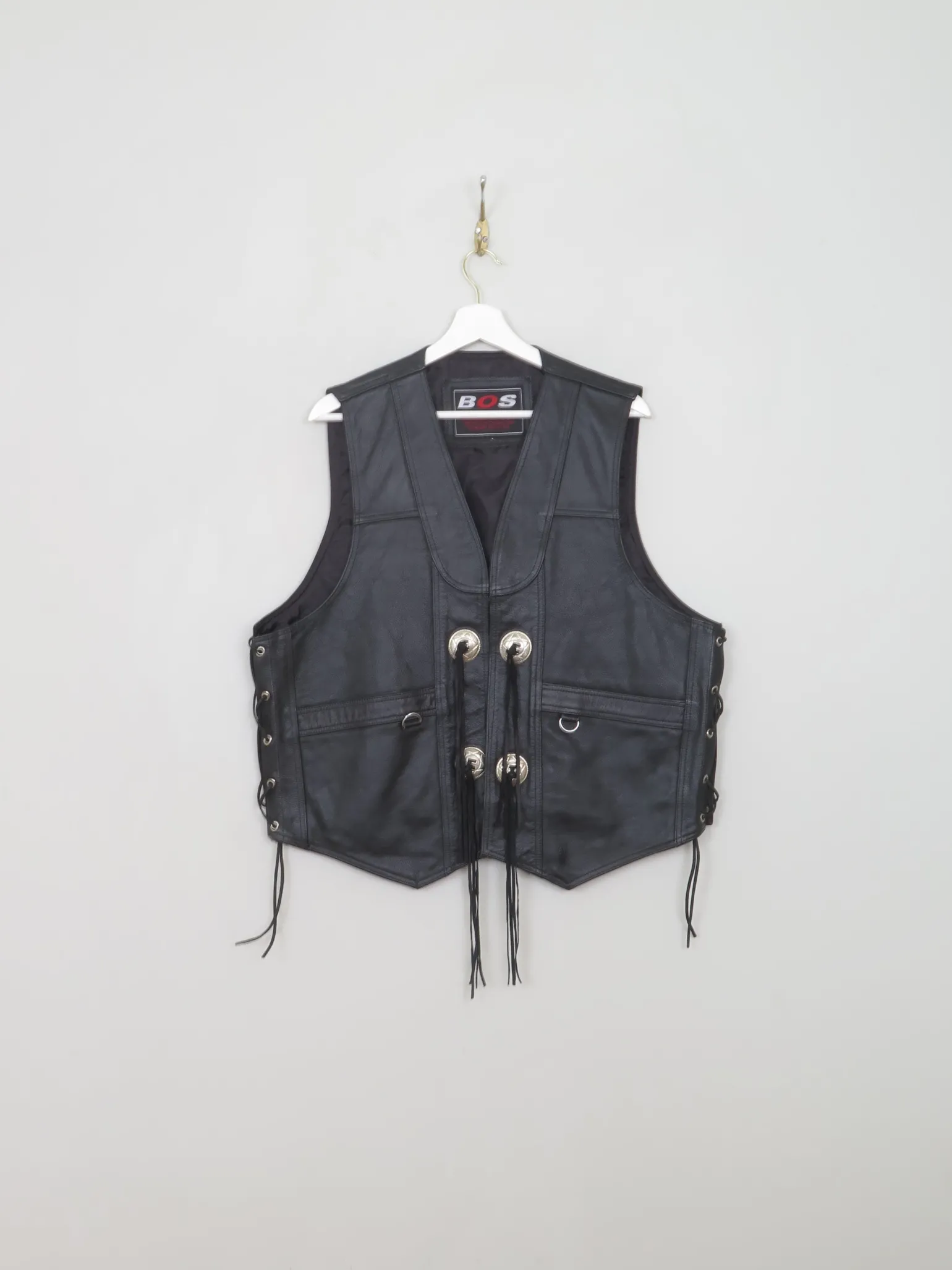 Men's Vintage Black Leather Western Waistcoat L