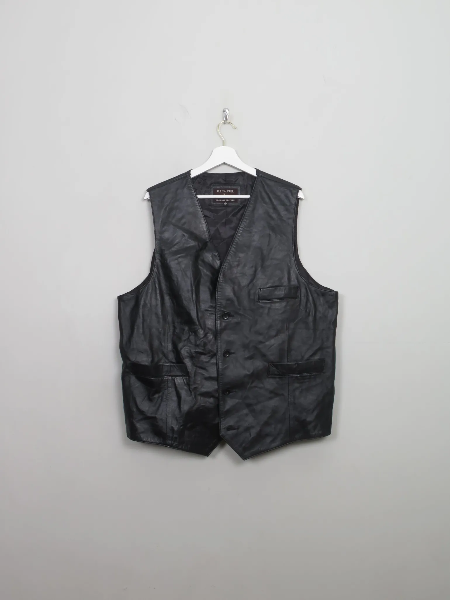 Men's Vintage Black Leather Waistcoat XL