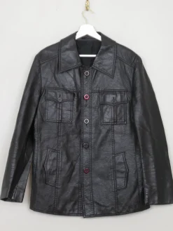 Men's Vintage Black Leatherette PVC 70s Jacket S