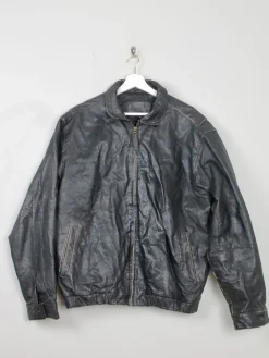 Men's Vintage Black Leather Bomber Jacket Distressed M/L