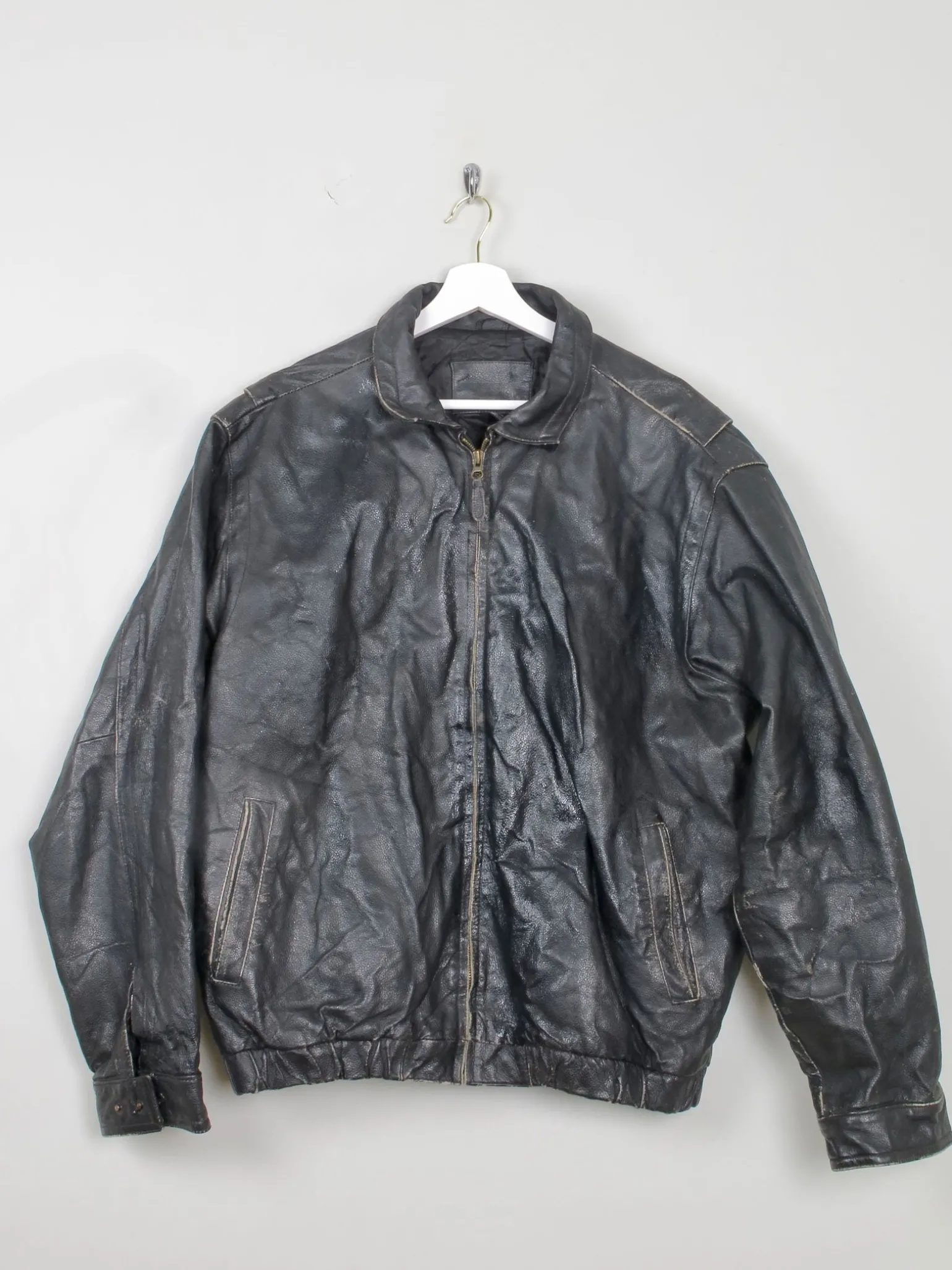 Men's Vintage Black Leather Bomber Jacket Distressed M/L