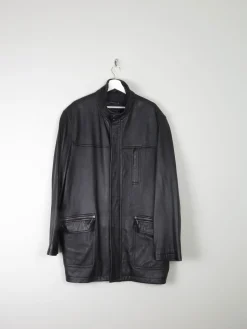 Men’s Vintage Black Leather Parka Style Long Jacket L