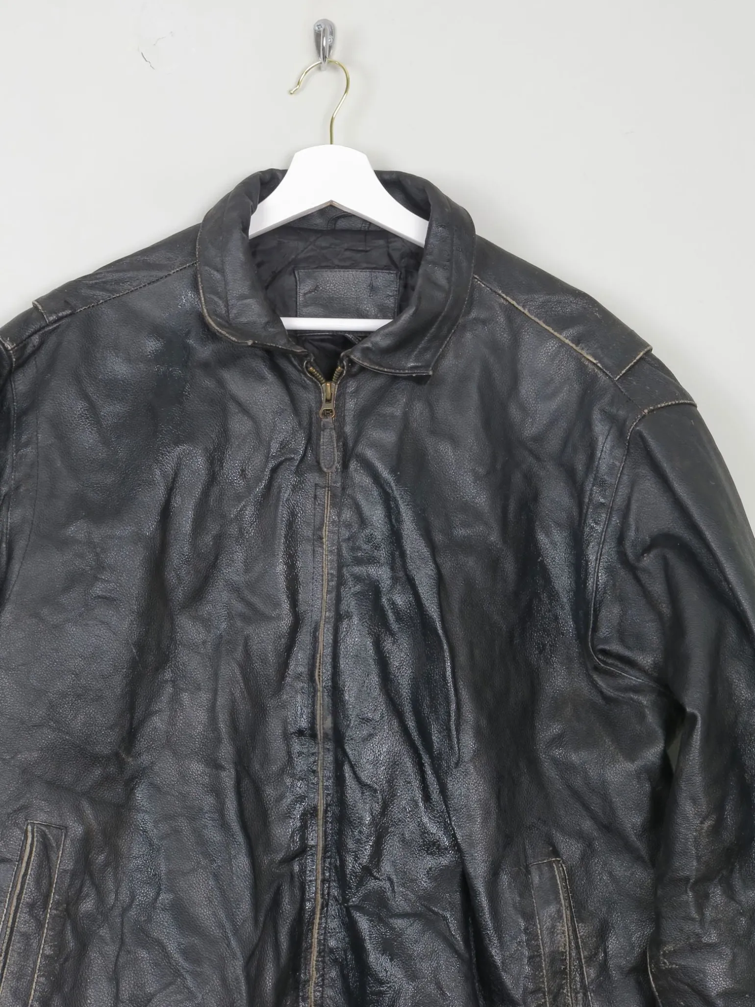 Men's Vintage Black Leather Bomber Jacket Distressed M/L
