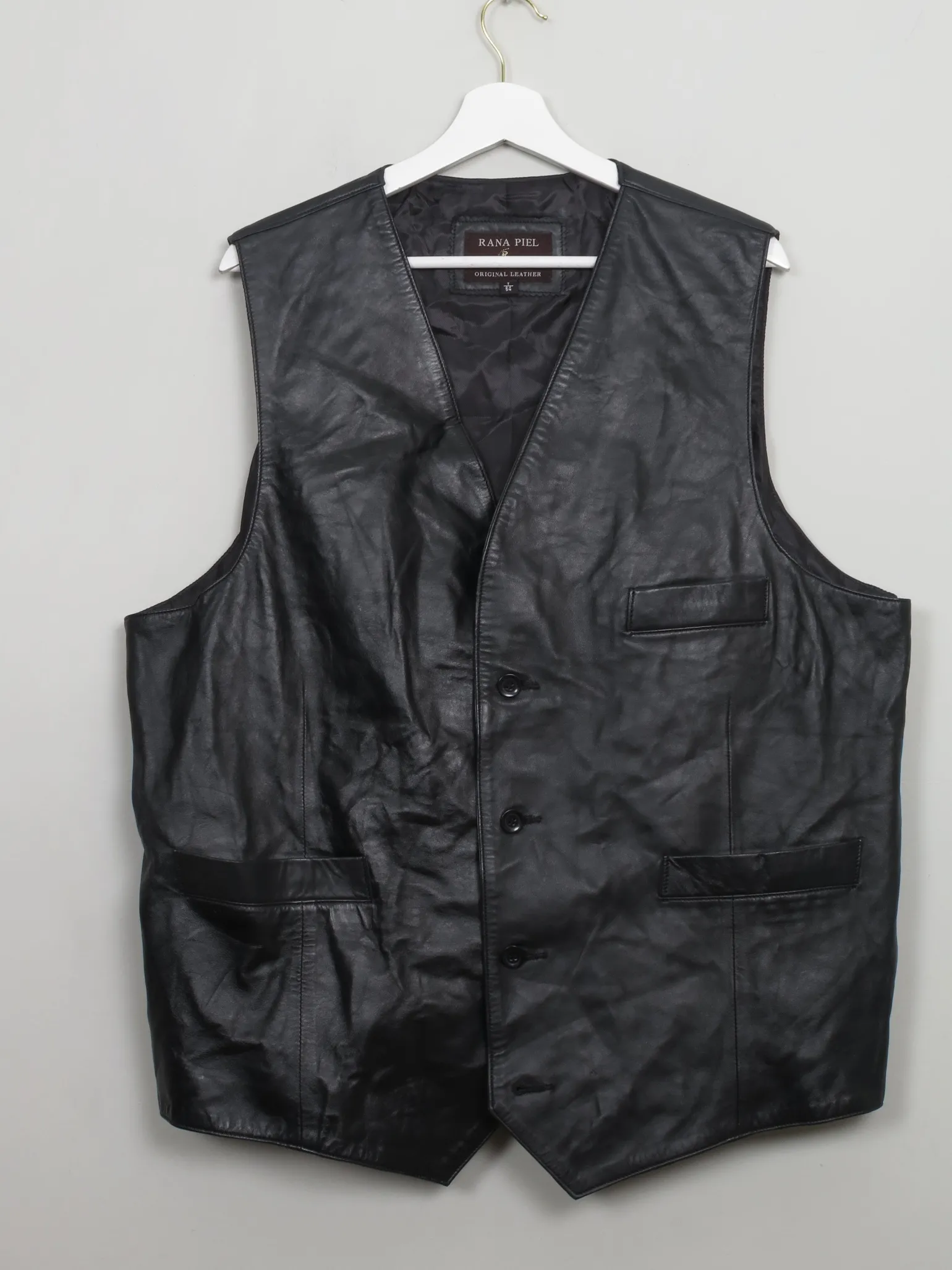 Men's Vintage Black Leather Waistcoat XL