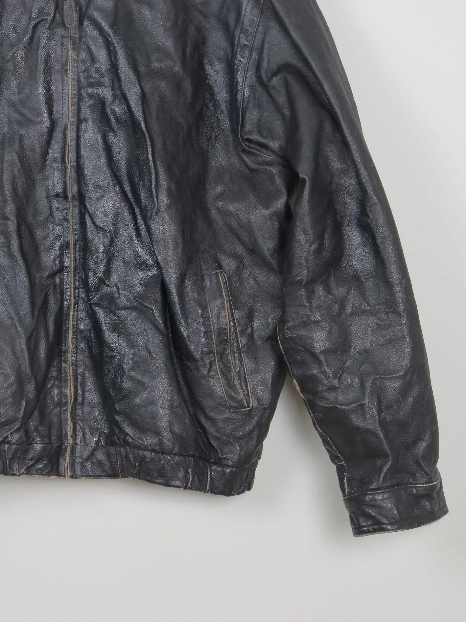 Men's Vintage Black Leather Bomber Jacket Distressed M/L