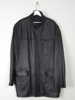 Men’s Vintage Black Leather Parka Style Long Jacket L