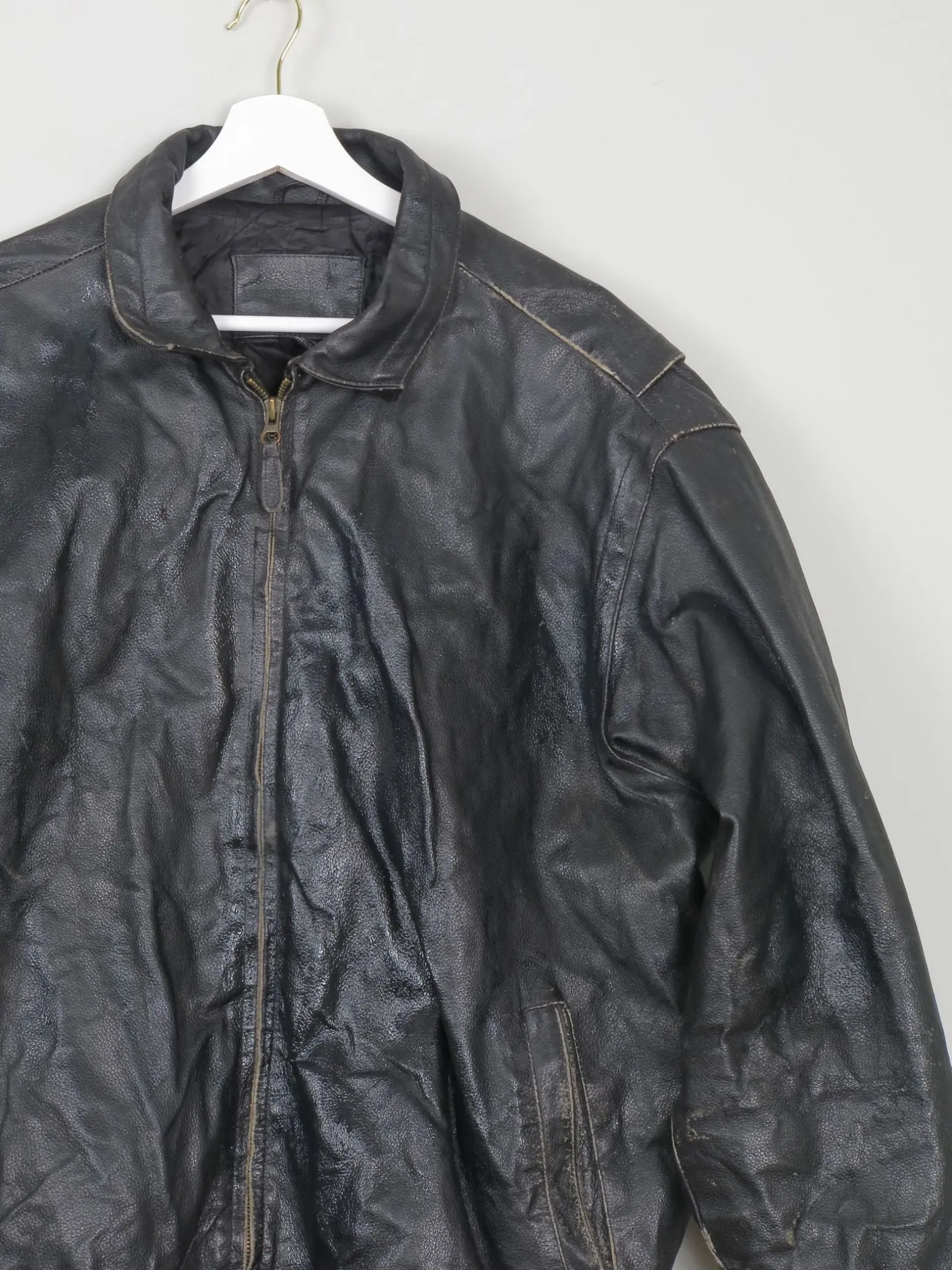 Men's Vintage Black Leather Bomber Jacket Distressed M/L
