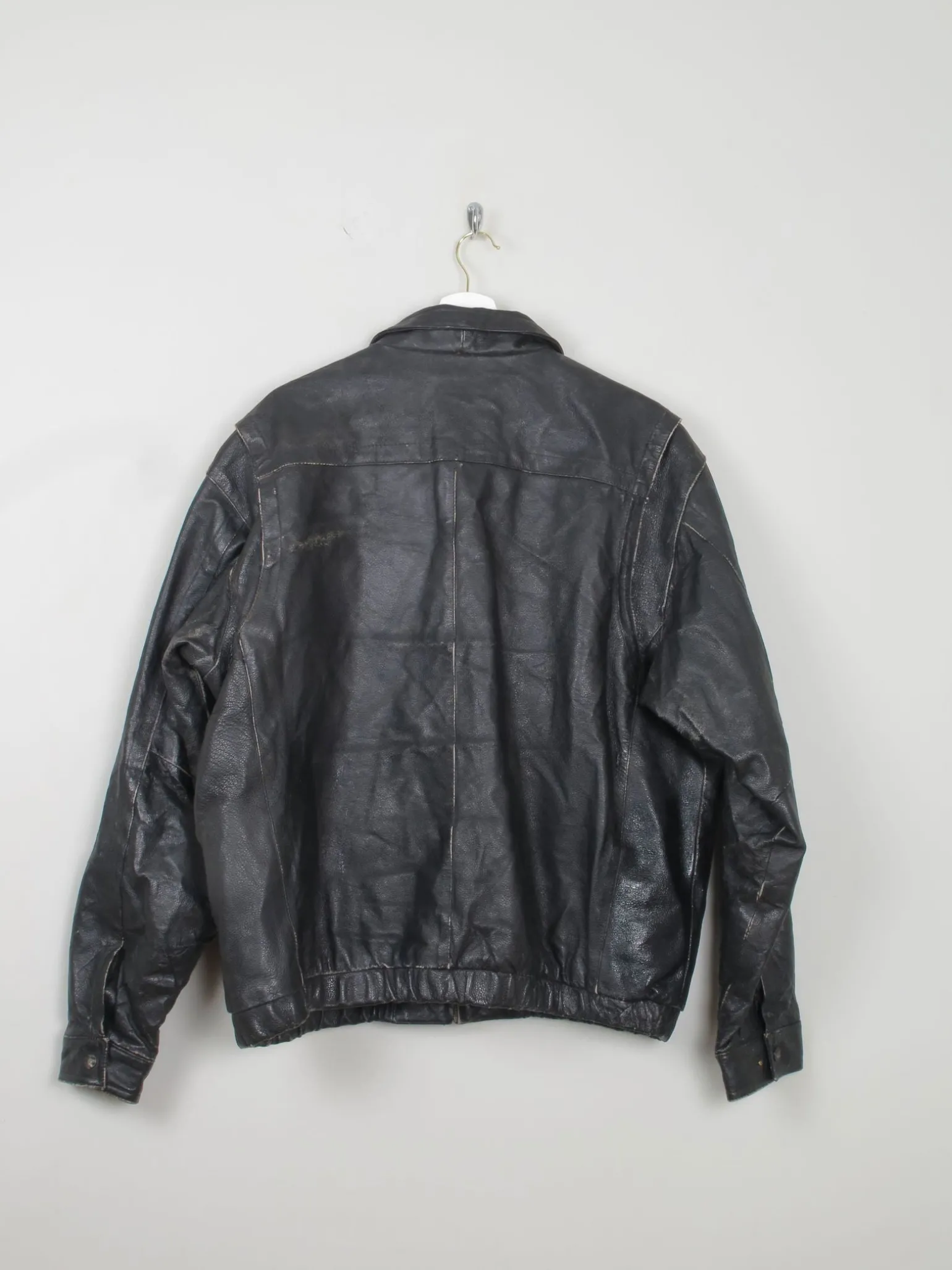 Men's Vintage Black Leather Bomber Jacket Distressed M/L