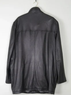 Men’s Vintage Black Leather Parka Style Long Jacket L