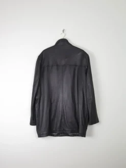 Men’s Vintage Black Leather Parka Style Long Jacket L