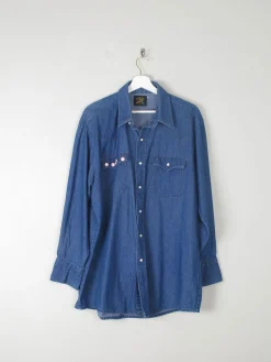 Men's Vintage Blue Denim Shirt With USA Flag L