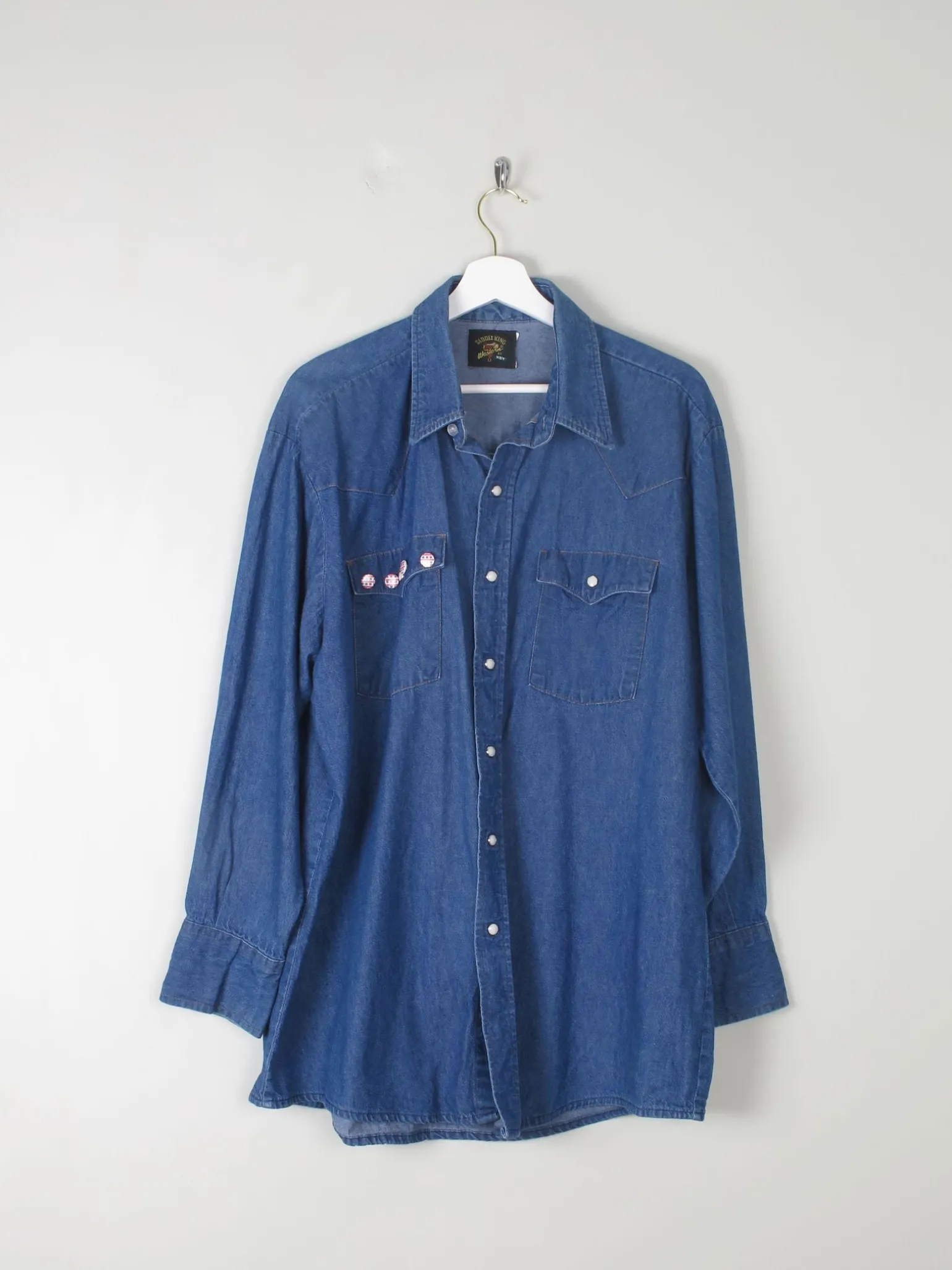 Men's Vintage Blue Denim Shirt With USA Flag L