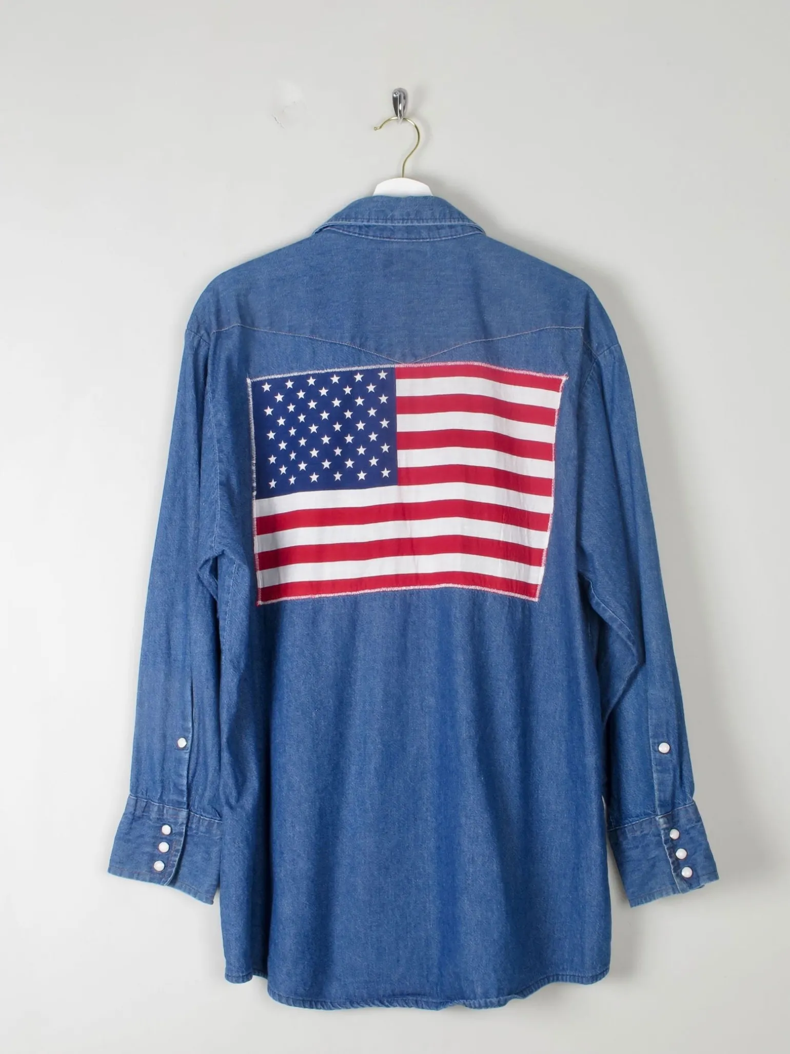 Men's Vintage Blue Denim Shirt With USA Flag L