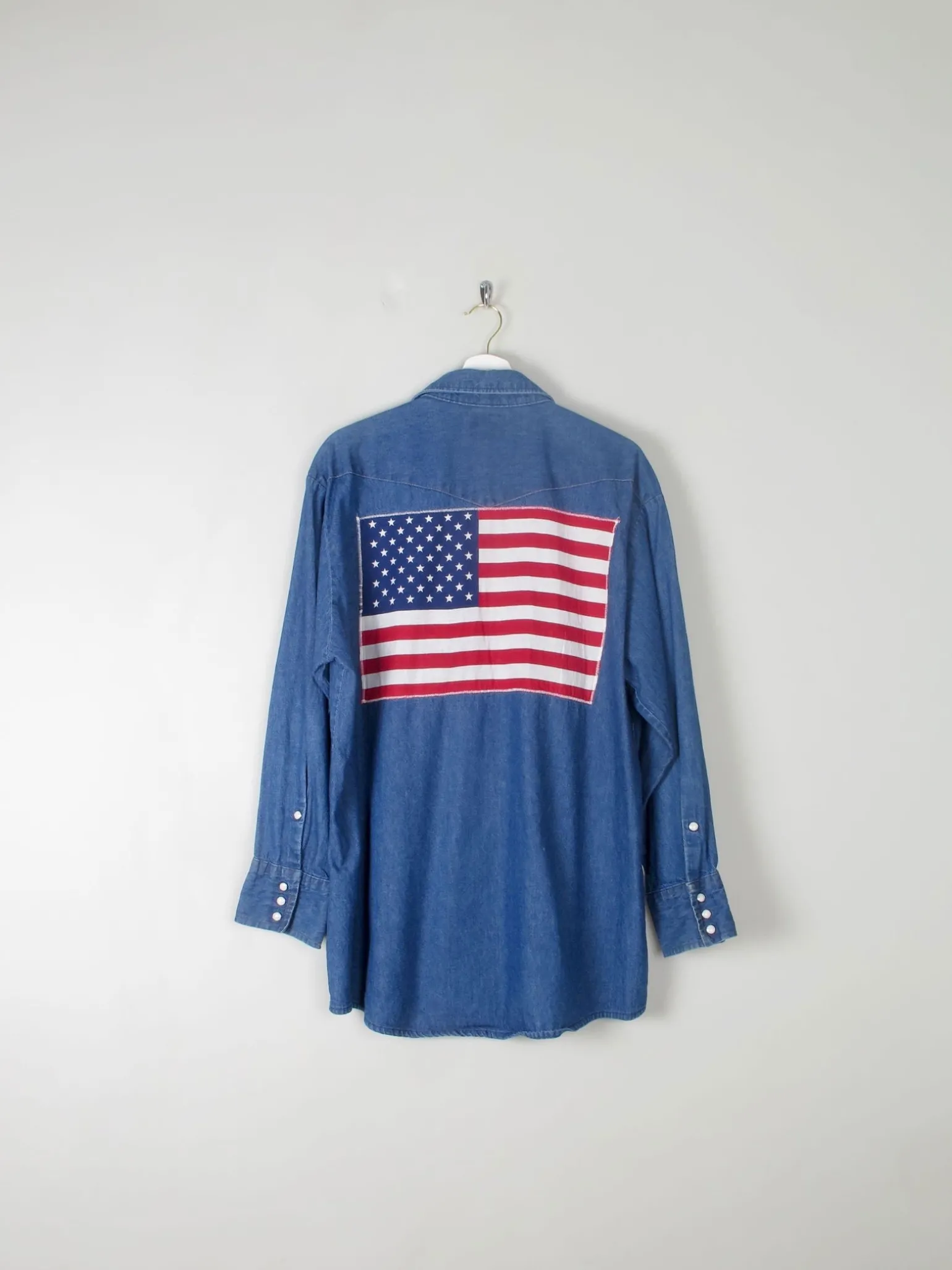 Men's Vintage Blue Denim Shirt With USA Flag L
