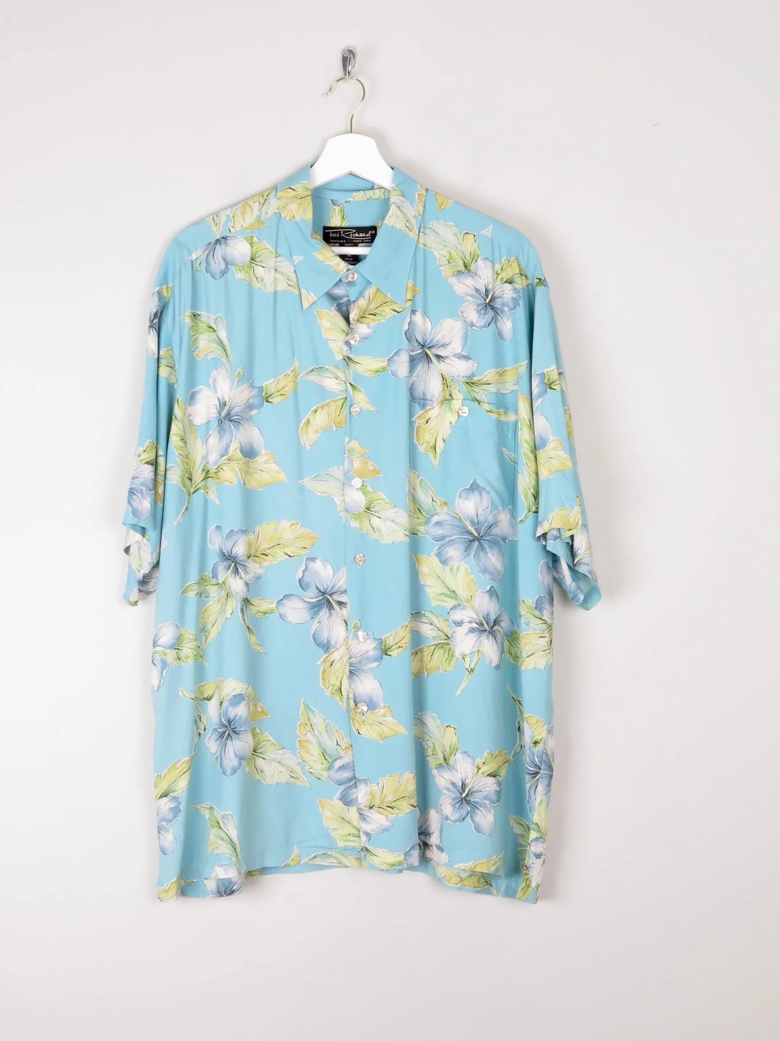 Men's Vintage Blue Floral Printed Tori Richard Short Sleeve Shirt XL