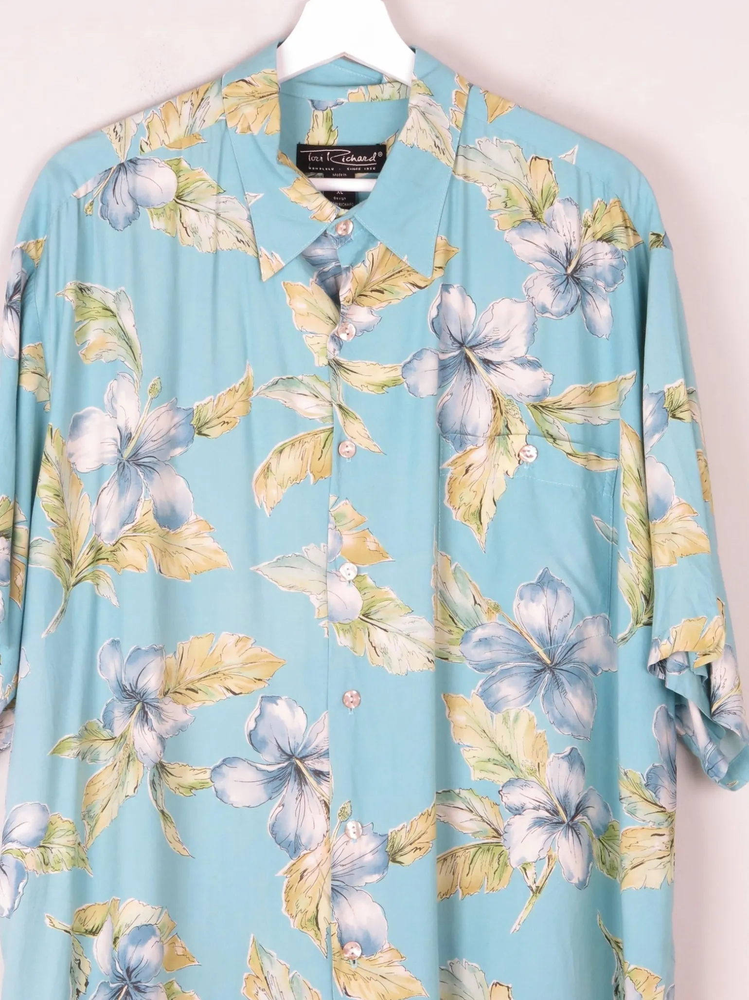 Men's Vintage Blue Floral Printed Tori Richard Short Sleeve Shirt XL
