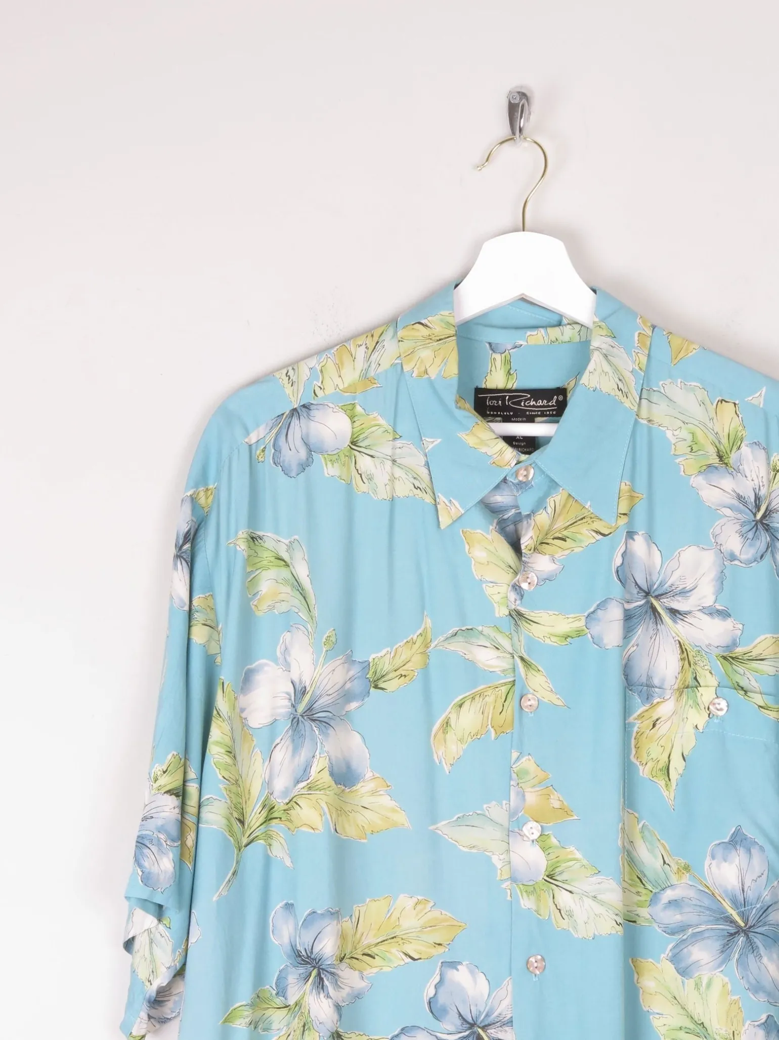 Men's Vintage Blue Floral Printed Tori Richard Short Sleeve Shirt XL
