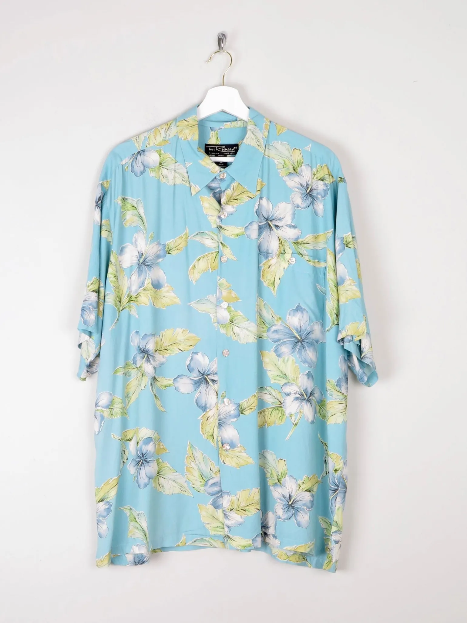 Men's Vintage Blue Floral Printed Tori Richard Short Sleeve Shirt XL