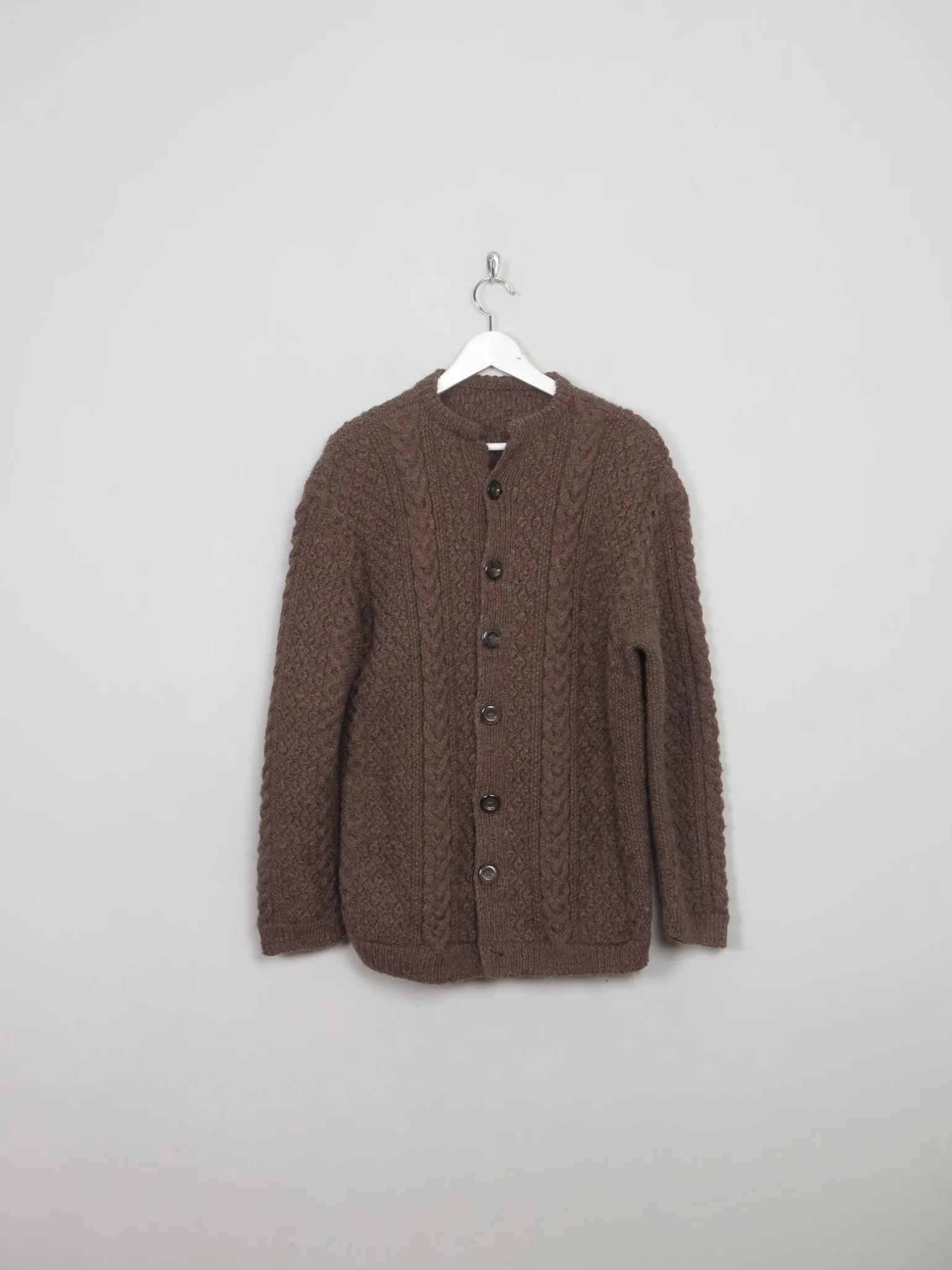 Men's Vintage Brown Hand-knit Aran Cardigan M