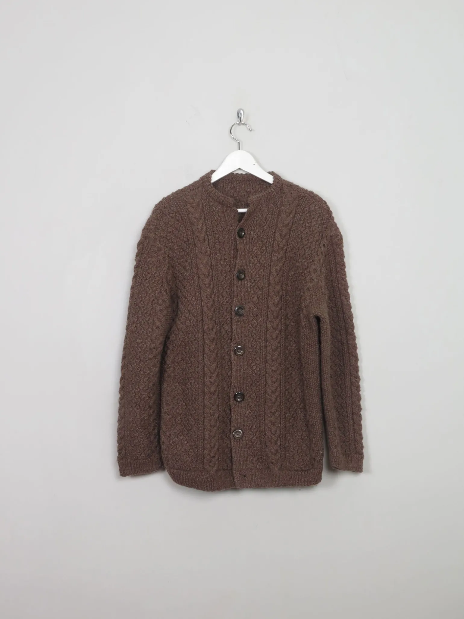 Men's Vintage Brown Hand-knit Aran Cardigan M