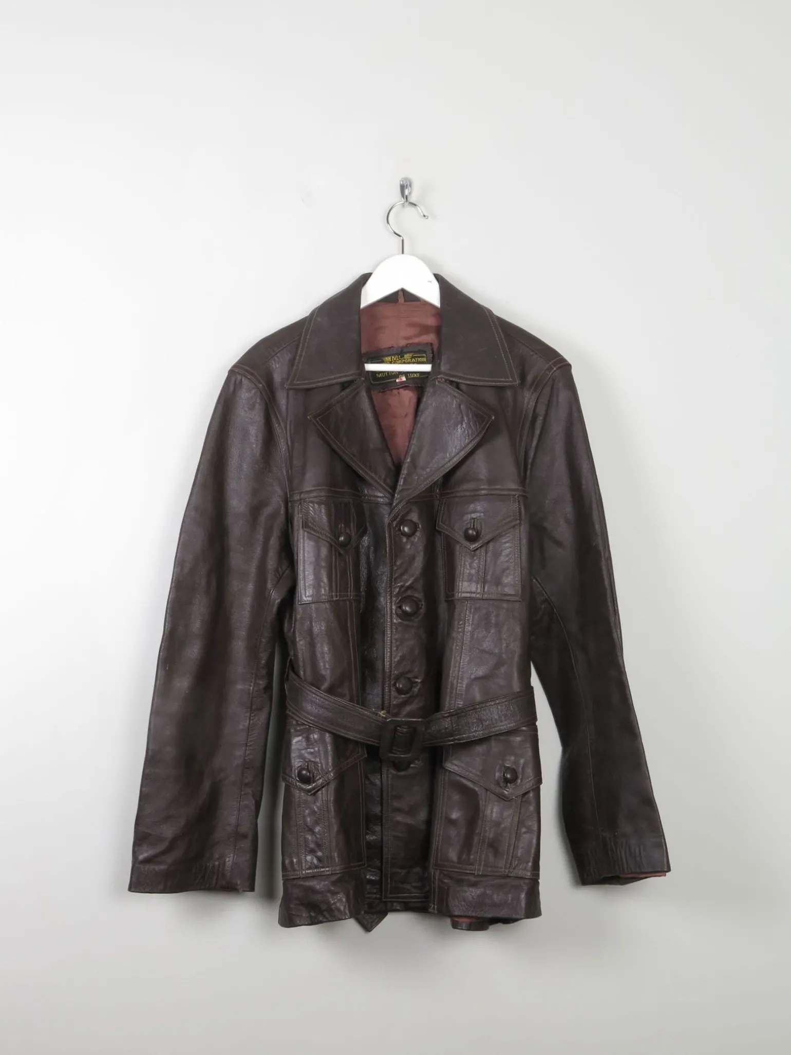 Men's Vintage Brown Leather Jacket With Belt M