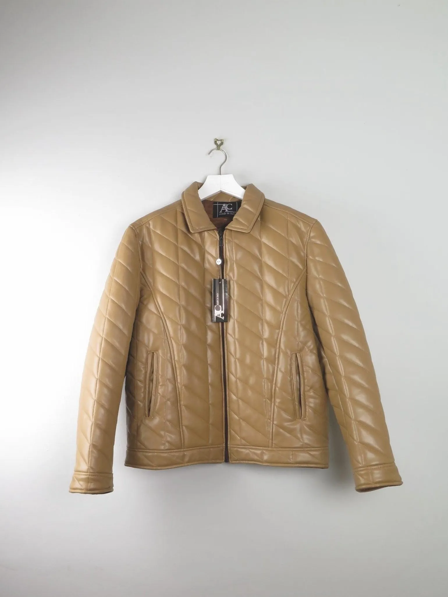 Men's Vintage Dark Cream Mustard Quilted Jacket PVC Never Worn L