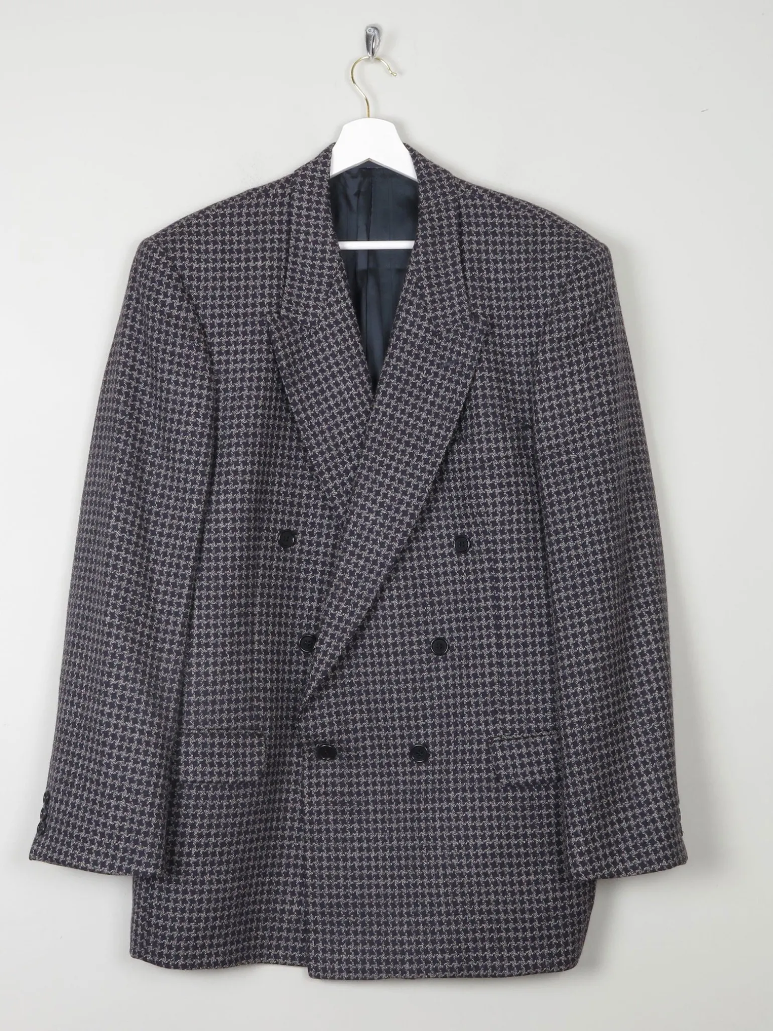 Men's Vintage Grey & Navy Houndstooth Jaeger Double Breasted Jacket 44" L
