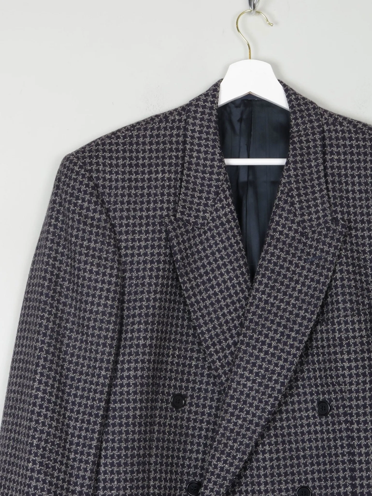 Men's Vintage Grey & Navy Houndstooth Jaeger Double Breasted Jacket 44" L