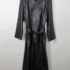 Men's Vintage Long Belted Black Leather Coat L