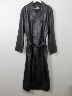 Men's Vintage Long Belted Black Leather Coat L