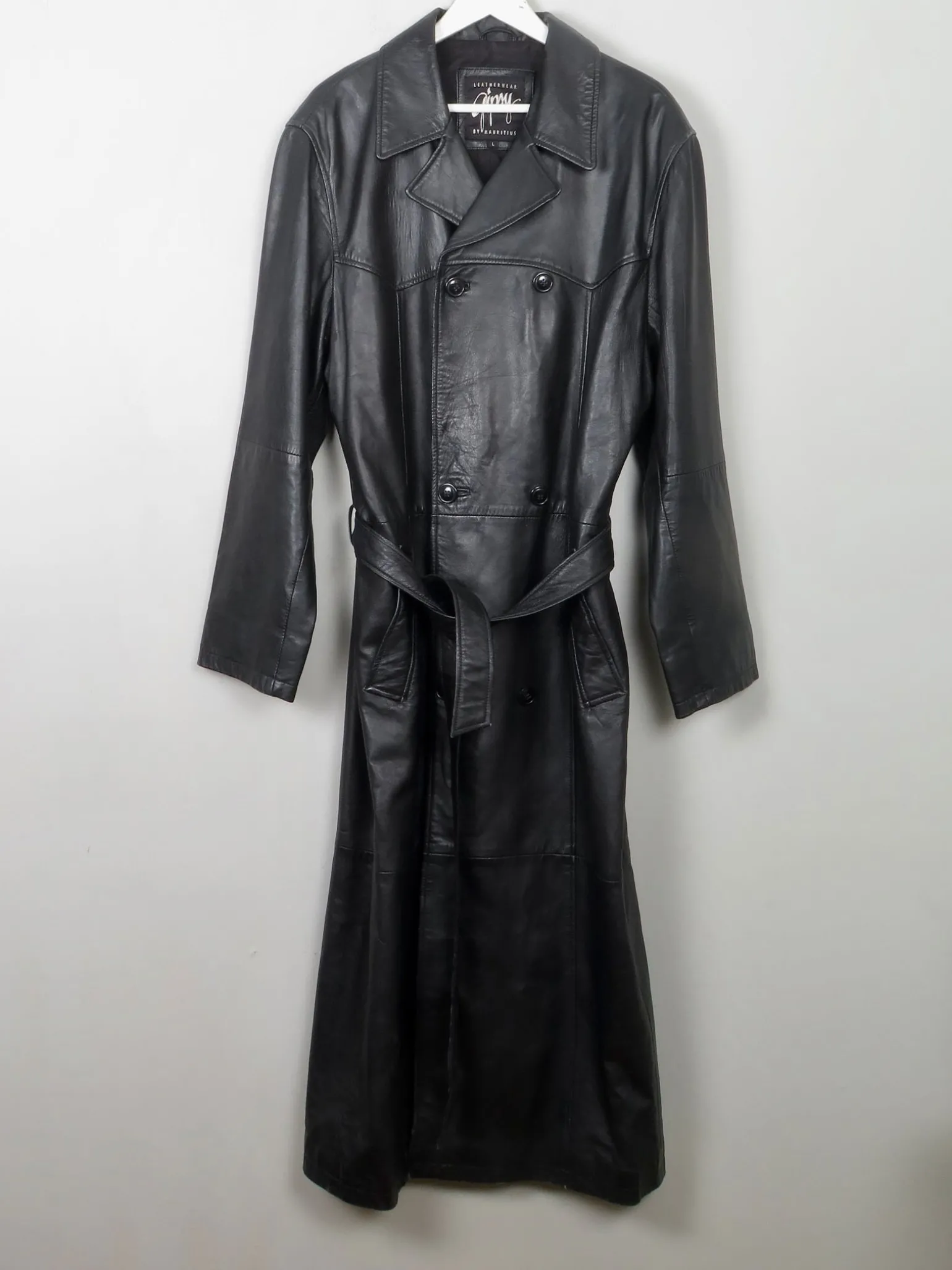 Men's Vintage Long Belted Black Leather Coat L